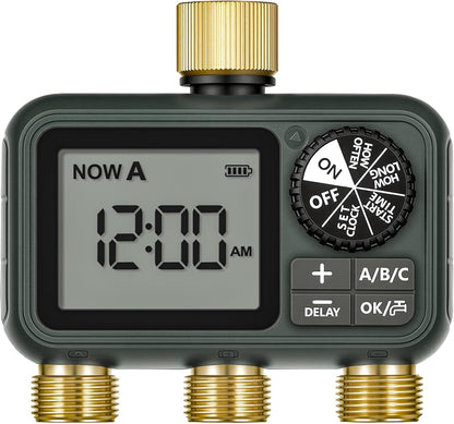 Brass Sprinkler Timer with Swivel, Programmable Water Timer for Garden Hose with Auto/Manual/Rain Delay Watering, Digital Irrigation System Kit,for Garden, Yard, Lawn 3 Outlet F13WT06