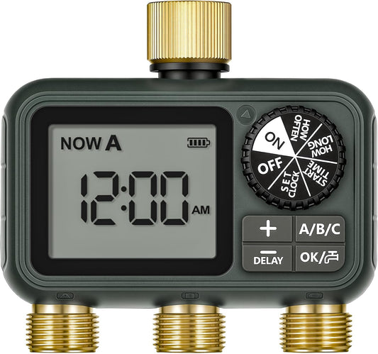 Brass Sprinkler Timer with Swivel, Programmable Water Timer for Garden Hose with Auto/Manual/Rain Delay Watering, Digital Irrigation System Kit,for Garden, Yard, Lawn 3 Outlet F13WT06