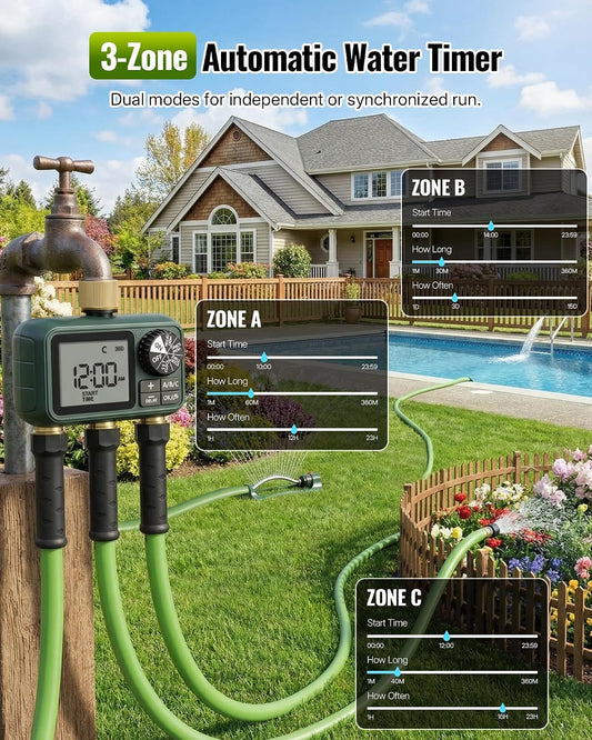 Brass Sprinkler Timer with Swivel, Programmable Water Timer for Garden Hose with Auto/Manual/Rain Delay Watering, Digital Irrigation System Kit,for Garden, Yard, Lawn 3 Outlet F13WT06