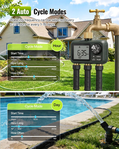 Brass Sprinkler Timer with Swivel, Programmable Water Timer for Garden Hose with Auto/Manual/Rain Delay Watering, Digital Irrigation System Kit,for Garden, Yard, Lawn 3 Outlet F13WT06