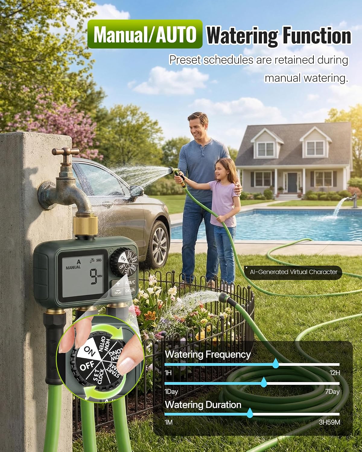 Brass Sprinkler Timer with Swivel, Programmable Water Timer for Garden Hose with Auto/Manual/Rain Delay Watering, Digital Irrigation System Kit,for Garden, Yard, Lawn 3 Outlet F13WT06