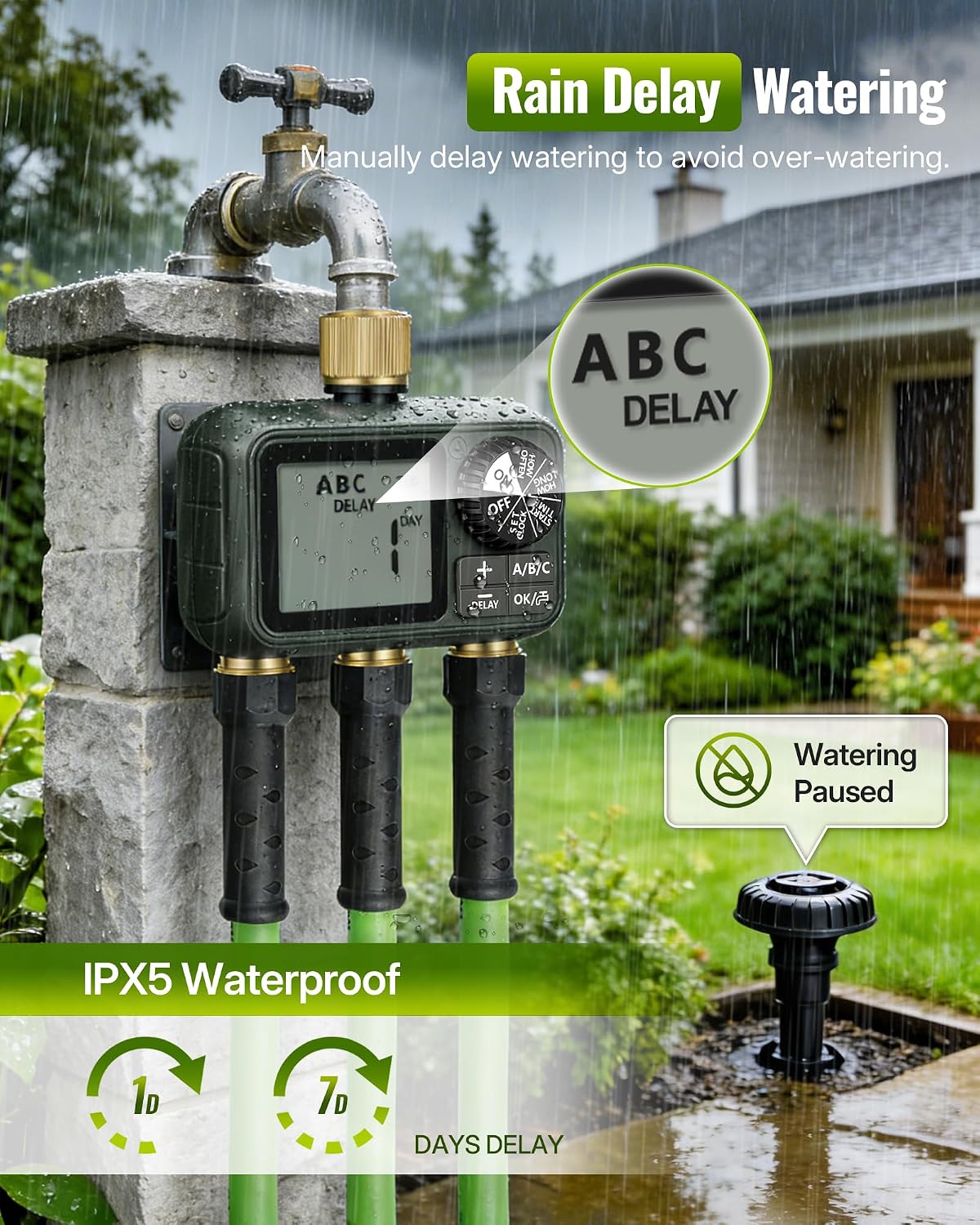 Brass Sprinkler Timer with Swivel, Programmable Water Timer for Garden Hose with Auto/Manual/Rain Delay Watering, Digital Irrigation System Kit,for Garden, Yard, Lawn 3 Outlet F13WT06