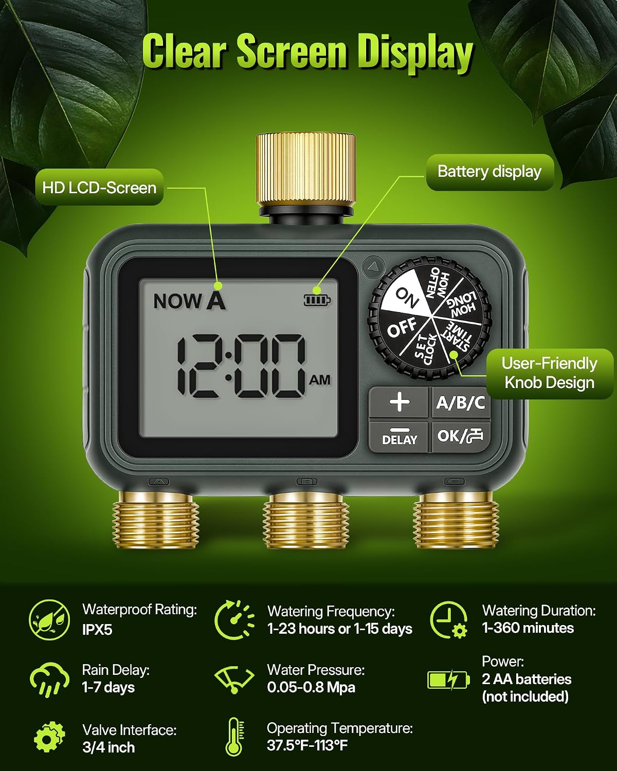 Brass Sprinkler Timer with Swivel, Programmable Water Timer for Garden Hose with Auto/Manual/Rain Delay Watering, Digital Irrigation System Kit,for Garden, Yard, Lawn 3 Outlet F13WT06
