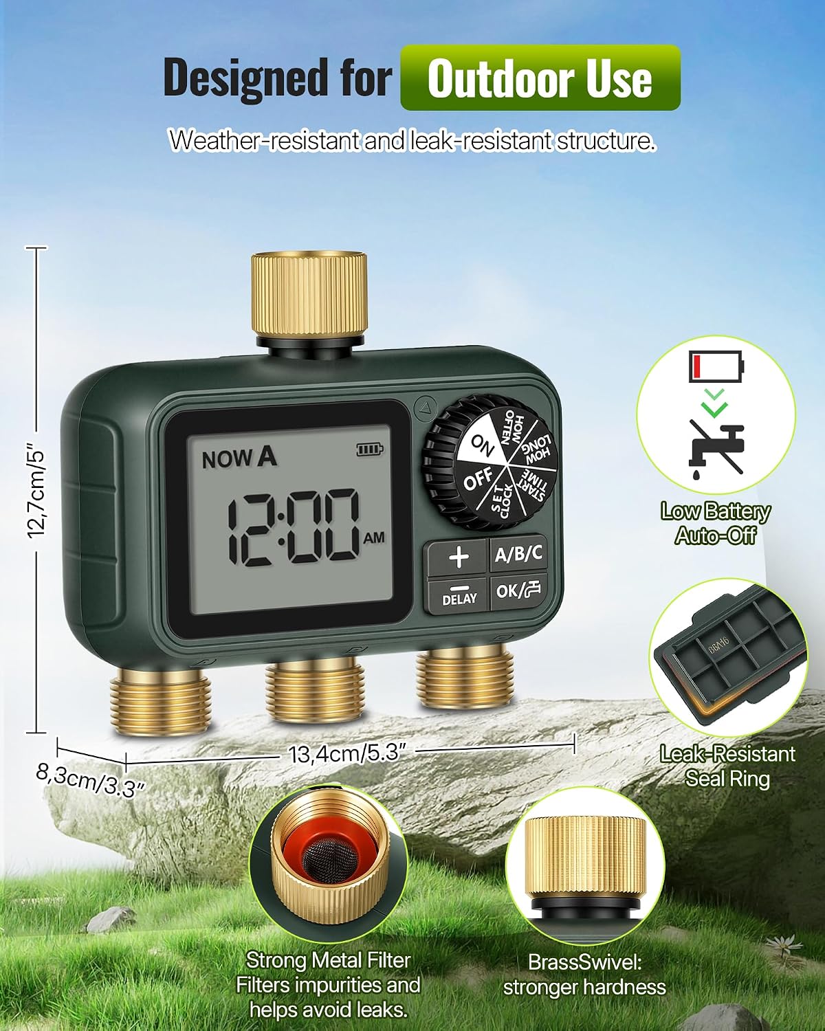 Brass Sprinkler Timer with Swivel, Programmable Water Timer for Garden Hose with Auto/Manual/Rain Delay Watering, Digital Irrigation System Kit,for Garden, Yard, Lawn 3 Outlet F13WT06