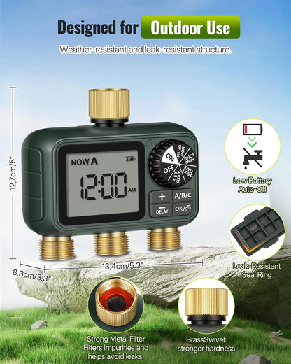 Brass Sprinkler Timer with Swivel, Programmable Water Timer for Garden Hose with Auto/Manual/Rain Delay Watering, Digital Irrigation System Kit,for Garden, Yard, Lawn 3 Outlet F13WT06
