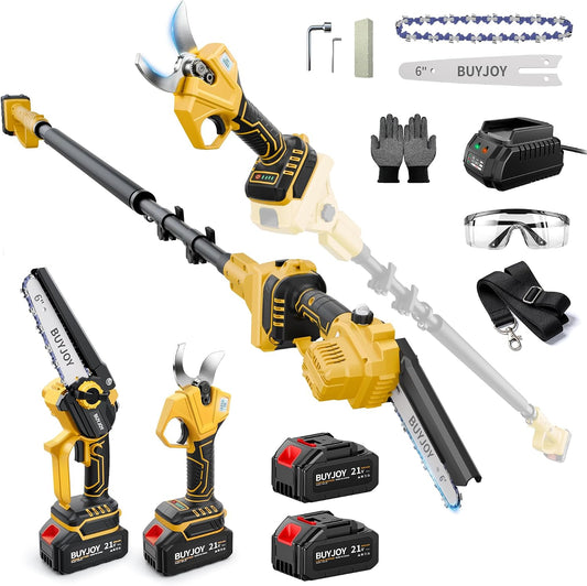 4-in-1 Pole Saw & Electric Pruning Shears, 1.4" Cutting Diameter Cordless Pruner, 6 Inch Chainsaw for Tree Trimming, 9.5ft Max Extension Pole, 2 x 4.0Ah Batteries, Battery Powered Pole Saw for Garden