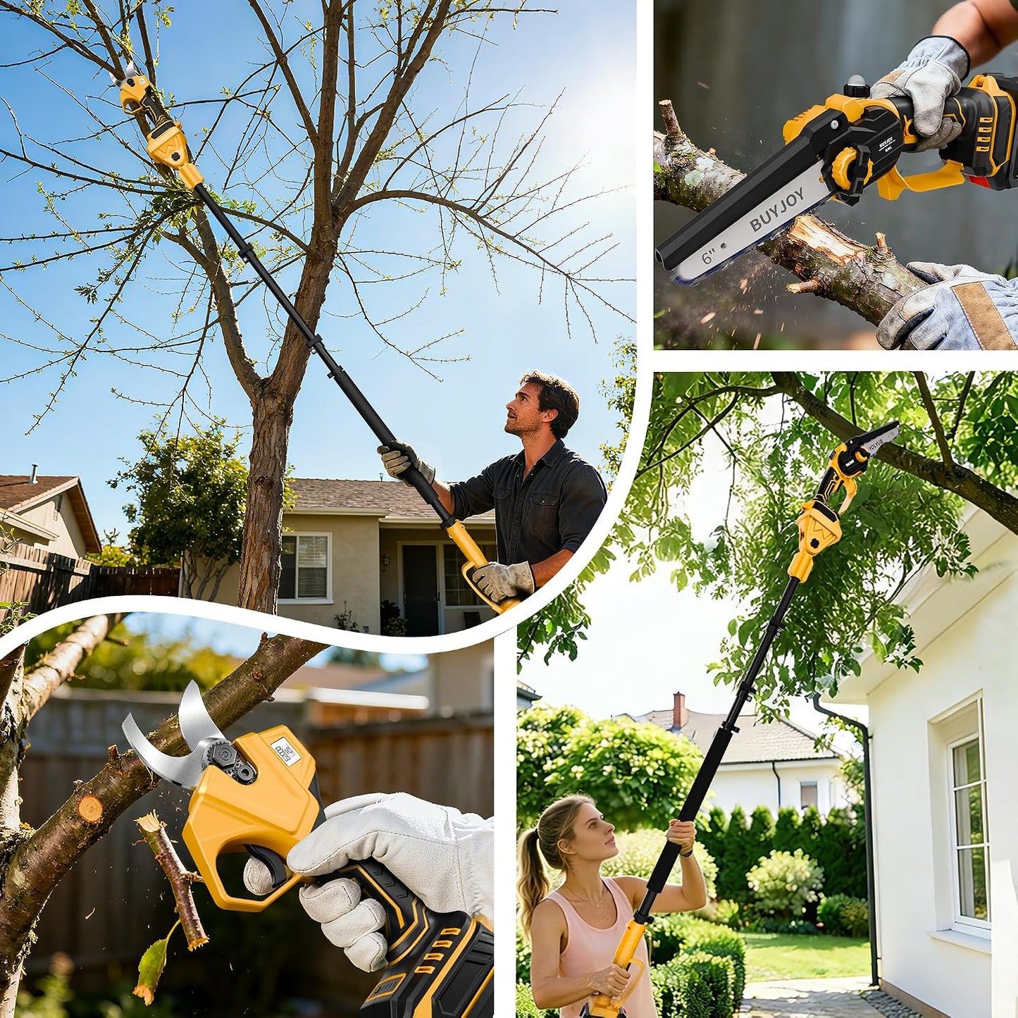 4-in-1 Pole Saw & Electric Pruning Shears, 1.4" Cutting Diameter Cordless Pruner, 6 Inch Chainsaw for Tree Trimming, 9.5ft Max Extension Pole, 2 x 4.0Ah Batteries, Battery Powered Pole Saw for Garden