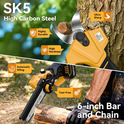 4-in-1 Pole Saw & Electric Pruning Shears, 1.4" Cutting Diameter Cordless Pruner, 6 Inch Chainsaw for Tree Trimming, 9.5ft Max Extension Pole, 2 x 4.0Ah Batteries, Battery Powered Pole Saw for Garden
