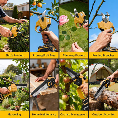 4-in-1 Pole Saw & Electric Pruning Shears, 1.4" Cutting Diameter Cordless Pruner, 6 Inch Chainsaw for Tree Trimming, 9.5ft Max Extension Pole, 2 x 4.0Ah Batteries, Battery Powered Pole Saw for Garden