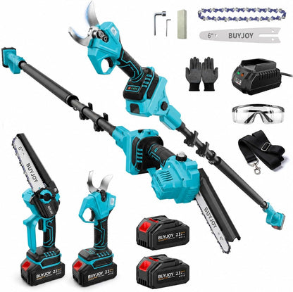 4-in-1 Pole Saw & Electric Pruning Shears, 1.4" Cutting Diameter Cordless Pruner, 6 Inch Chainsaw for Tree Trimming, 9.5ft Max Extension Pole, 2 x 4.0Ah Batteries, Battery Powered Pole Saw for Garden
