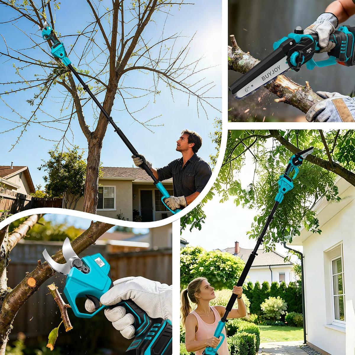 4-in-1 Pole Saw & Electric Pruning Shears, 1.4" Cutting Diameter Cordless Pruner, 6 Inch Chainsaw for Tree Trimming, 9.5ft Max Extension Pole, 2 x 4.0Ah Batteries, Battery Powered Pole Saw for Garden