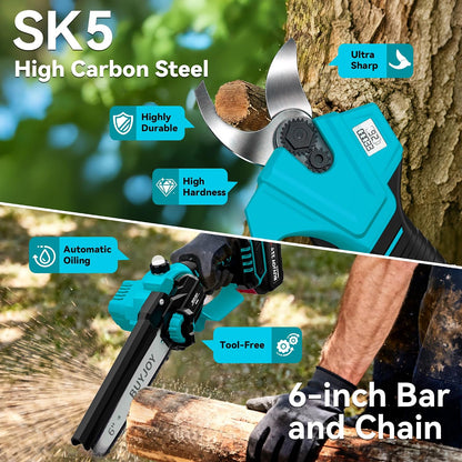 4-in-1 Pole Saw & Electric Pruning Shears, 1.4" Cutting Diameter Cordless Pruner, 6 Inch Chainsaw for Tree Trimming, 9.5ft Max Extension Pole, 2 x 4.0Ah Batteries, Battery Powered Pole Saw for Garden