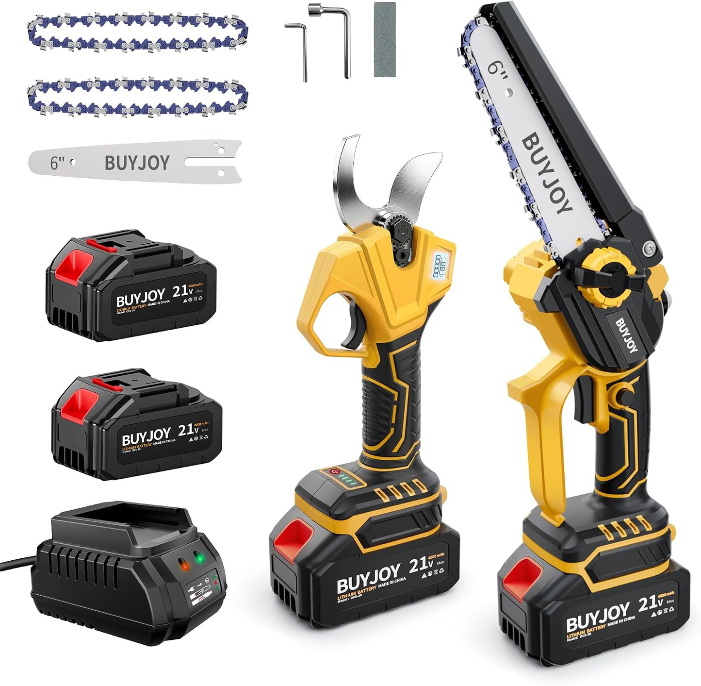 4-in-1 Pole Saw & Electric Pruning Shears, 1.4" Cutting Diameter Cordless Pruner, 6 Inch Chainsaw for Tree Trimming, 9.5ft Max Extension Pole, 2 x 4.0Ah Batteries, Battery Powered Pole Saw for Garden