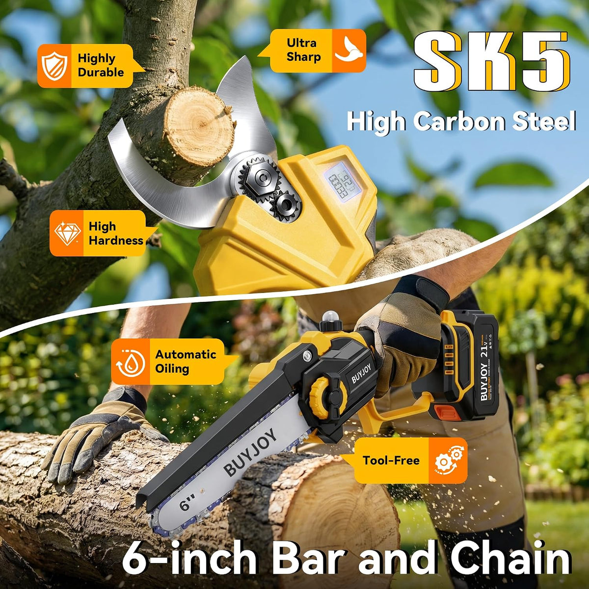 4-in-1 Pole Saw & Electric Pruning Shears, 1.4" Cutting Diameter Cordless Pruner, 6 Inch Chainsaw for Tree Trimming, 9.5ft Max Extension Pole, 2 x 4.0Ah Batteries, Battery Powered Pole Saw for Garden