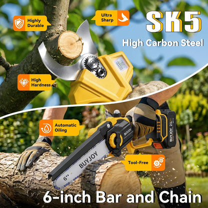 4-in-1 Pole Saw & Electric Pruning Shears, 1.4" Cutting Diameter Cordless Pruner, 6 Inch Chainsaw for Tree Trimming, 9.5ft Max Extension Pole, 2 x 4.0Ah Batteries, Battery Powered Pole Saw for Garden