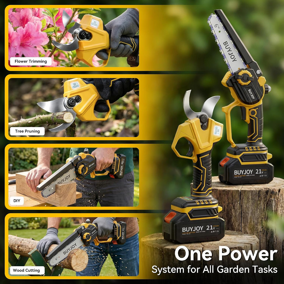 4-in-1 Pole Saw & Electric Pruning Shears, 1.4" Cutting Diameter Cordless Pruner, 6 Inch Chainsaw for Tree Trimming, 9.5ft Max Extension Pole, 2 x 4.0Ah Batteries, Battery Powered Pole Saw for Garden