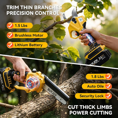 4-in-1 Pole Saw & Electric Pruning Shears, 1.4" Cutting Diameter Cordless Pruner, 6 Inch Chainsaw for Tree Trimming, 9.5ft Max Extension Pole, 2 x 4.0Ah Batteries, Battery Powered Pole Saw for Garden