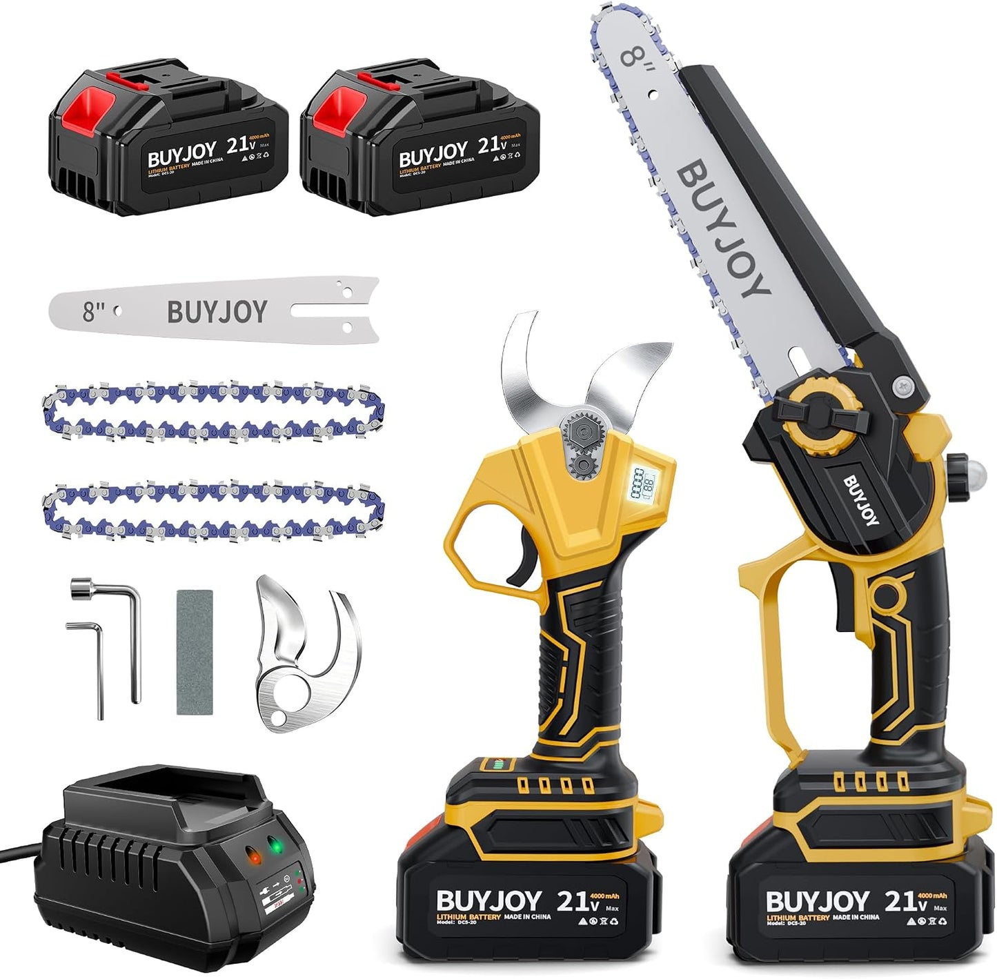 4-in-1 Pole Saw & Electric Pruning Shears, 1.4" Cutting Diameter Cordless Pruner, 6 Inch Chainsaw for Tree Trimming, 9.5ft Max Extension Pole, 2 x 4.0Ah Batteries, Battery Powered Pole Saw for Garden