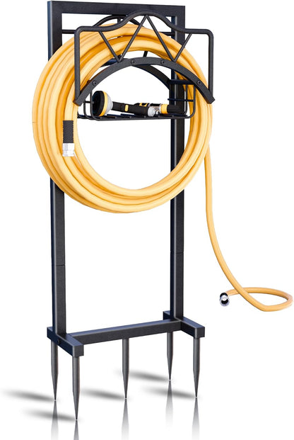 Garden Hose Holders for Outside - Water Hose Holder Freestanding,Metal Hose Stand with 5 Spikers,Hose Hanger with basket,Outdoor Garden Hose Reel Heavy duty,Holds 150-feet Hose,Black