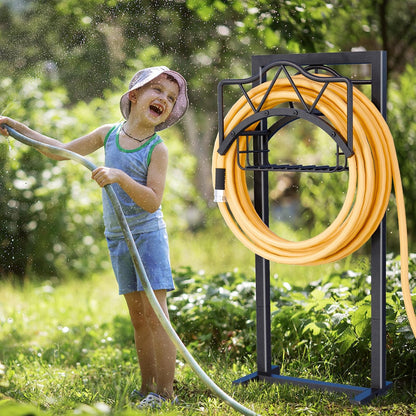 Garden Hose Holders for Outside - Water Hose Holder Freestanding,Metal Hose Stand with 5 Spikers,Hose Hanger with basket,Outdoor Garden Hose Reel Heavy duty,Holds 150-feet Hose,Black