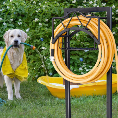 Garden Hose Holders for Outside - Water Hose Holder Freestanding,Metal Hose Stand with 5 Spikers,Hose Hanger with basket,Outdoor Garden Hose Reel Heavy duty,Holds 150-feet Hose,Black
