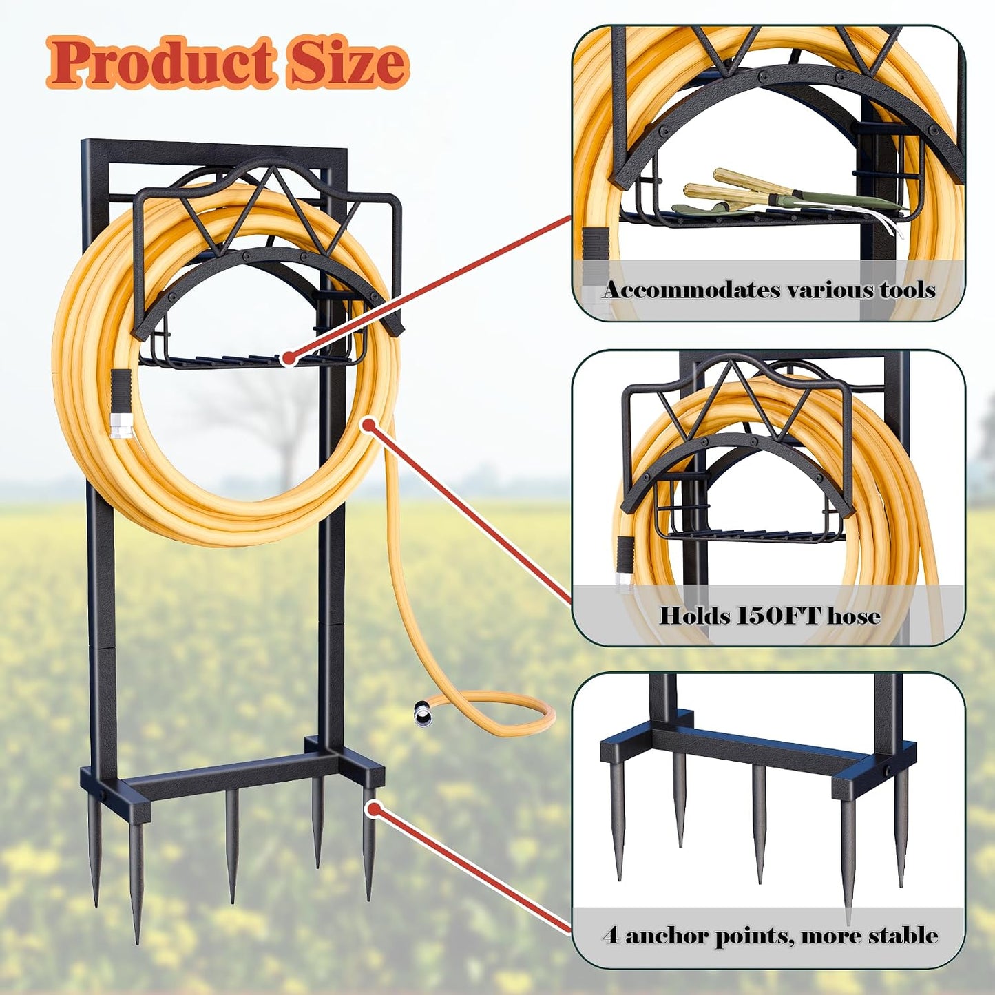 Garden Hose Holders for Outside - Water Hose Holder Freestanding,Metal Hose Stand with 5 Spikers,Hose Hanger with basket,Outdoor Garden Hose Reel Heavy duty,Holds 150-feet Hose,Black