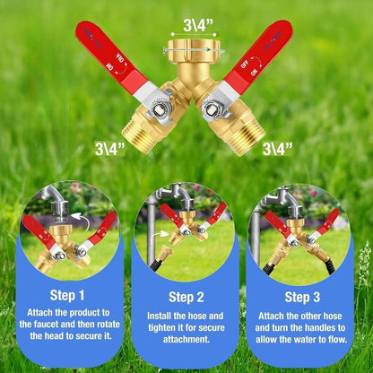 Premium 2 Way Brass Hose Splitter 3/4" Heavy Duty Leakproof Y Valve Garden Faucet Spigot Splitter Easy Long Handles With Extra Fittings and Teflon