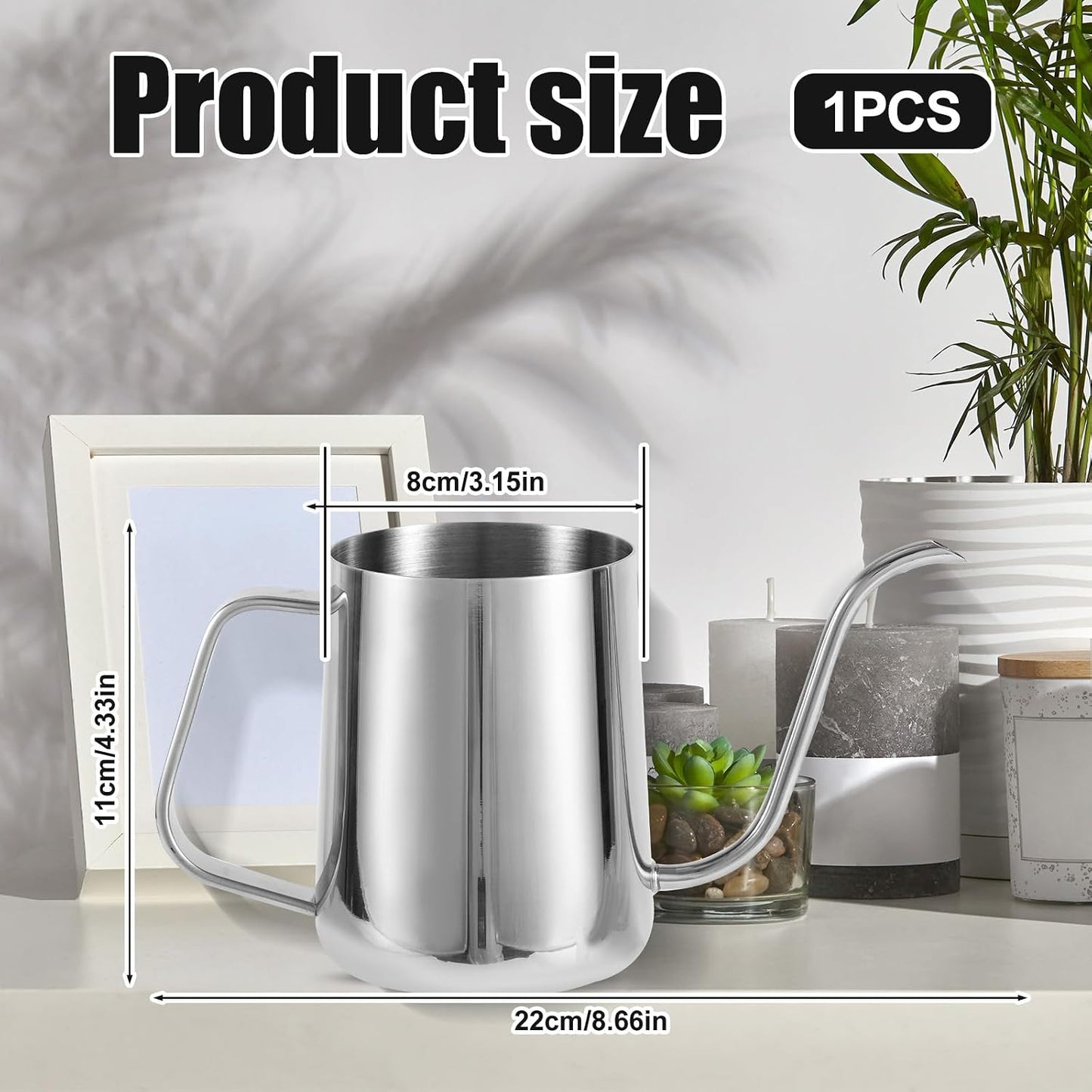 Small Plant Watering Can, 20oz Mini Stainless Steel Watering Pot with Long Curved Spout for House Plants Bonsai Succulents Flowers Garden Accessories (Steel Color)