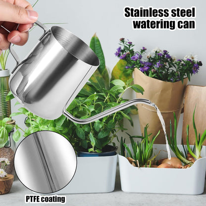Small Plant Watering Can, 20oz Mini Stainless Steel Watering Pot with Long Curved Spout for House Plants Bonsai Succulents Flowers Garden Accessories (Steel Color)