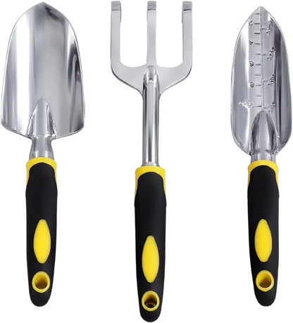Garden Tool Set, 3 Pack Aluminum Heavy Duty, Hand Trowel, Transplant Trowel, Cultivator Hand Rake, Yellow, Manual, Soft Rubberized Non-Slip Ergonomic Handle