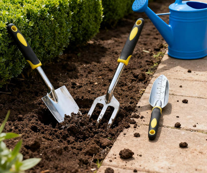 Garden Tool Set, 3 Pack Aluminum Heavy Duty, Hand Trowel, Transplant Trowel, Cultivator Hand Rake, Yellow, Manual, Soft Rubberized Non-Slip Ergonomic Handle