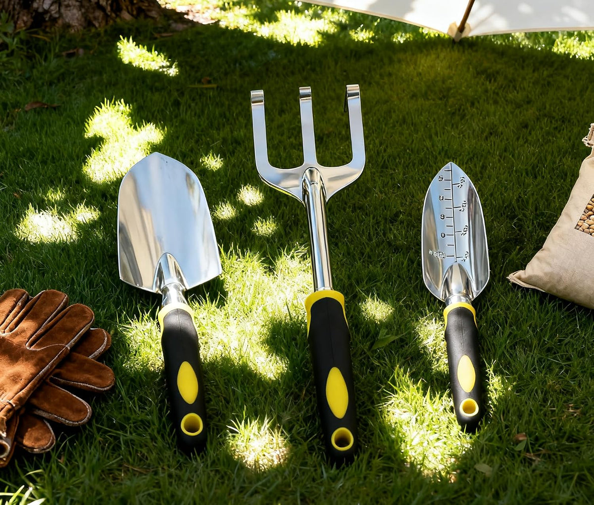 Garden Tool Set, 3 Pack Aluminum Heavy Duty, Hand Trowel, Transplant Trowel, Cultivator Hand Rake, Yellow, Manual, Soft Rubberized Non-Slip Ergonomic Handle
