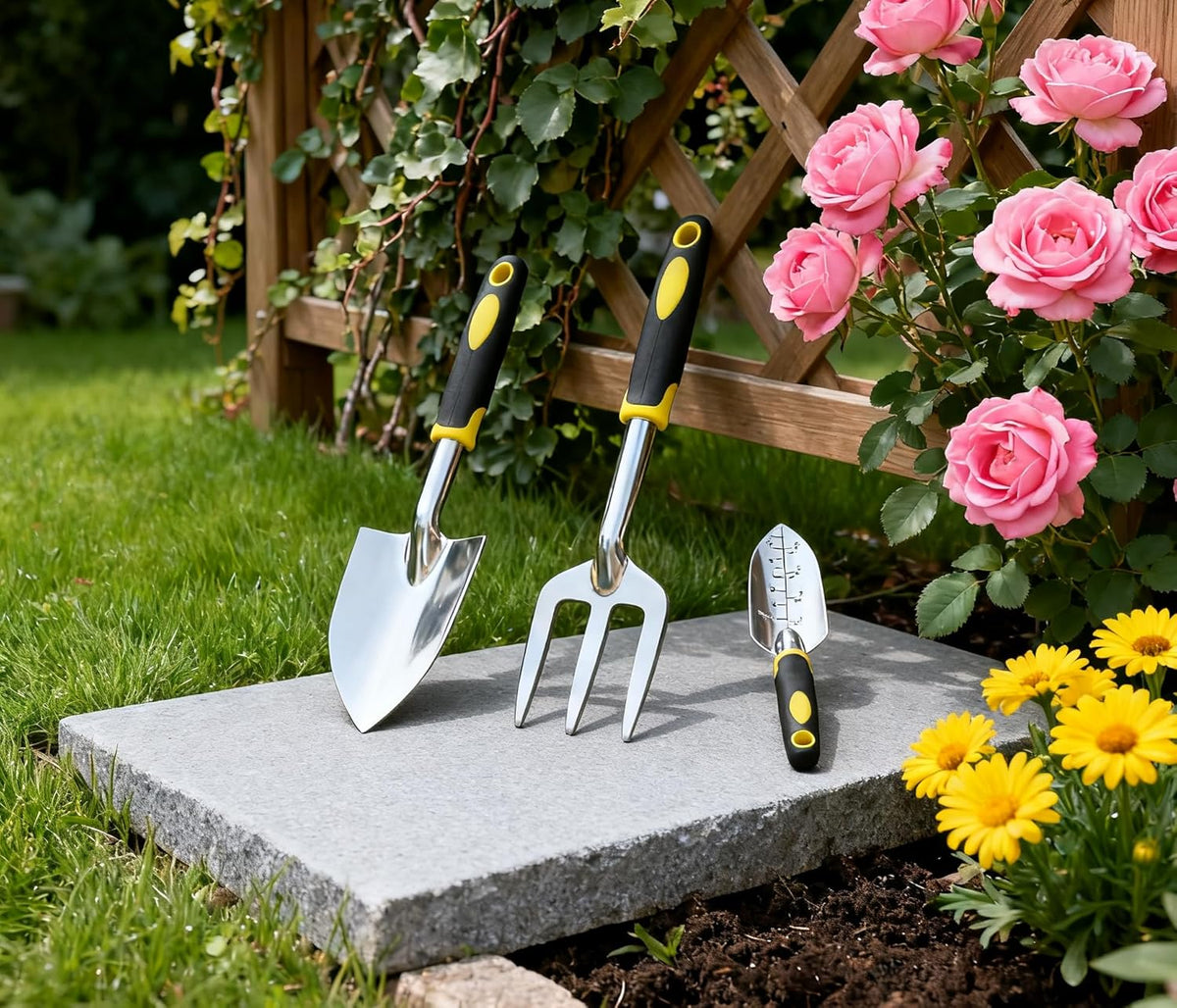 Garden Tool Set, 3 Pack Aluminum Heavy Duty, Hand Trowel, Transplant Trowel, Cultivator Hand Rake, Yellow, Manual, Soft Rubberized Non-Slip Ergonomic Handle