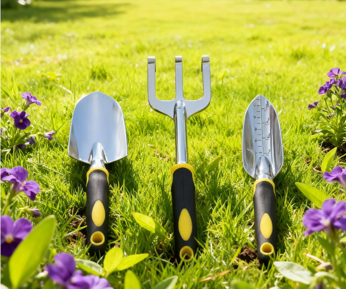 Garden Tool Set, 3 Pack Aluminum Heavy Duty, Hand Trowel, Transplant Trowel, Cultivator Hand Rake, Yellow, Manual, Soft Rubberized Non-Slip Ergonomic Handle