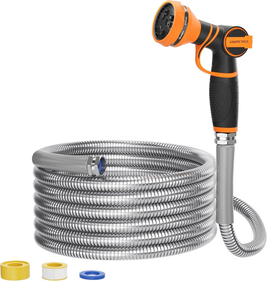 Garden Hose 50ft x 3/4", 304 Stainless Steel Metal Water Hose, No Kink Garden Water Hose with 9 Pattern Spray Nozzle, Flexible, Lightweight, Kink Free Hose for Yard, Outdoor