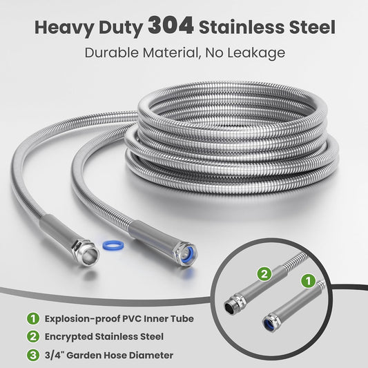 Garden Hose 50ft x 3/4", 304 Stainless Steel Metal Water Hose, No Kink Garden Water Hose with 9 Pattern Spray Nozzle, Flexible, Lightweight, Kink Free Hose for Yard, Outdoor