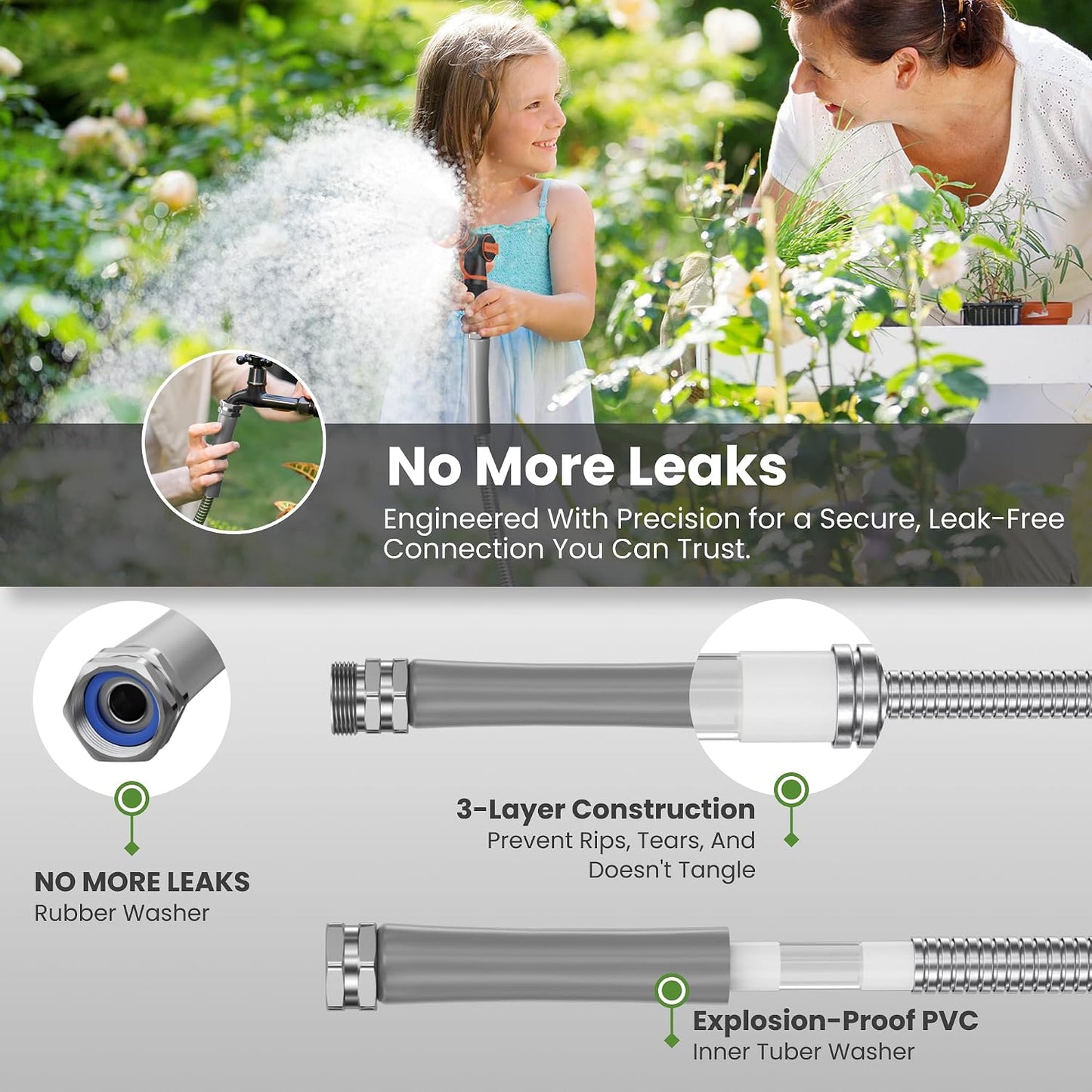 Garden Hose 50ft x 3/4", 304 Stainless Steel Metal Water Hose, No Kink Garden Water Hose with 9 Pattern Spray Nozzle, Flexible, Lightweight, Kink Free Hose for Yard, Outdoor