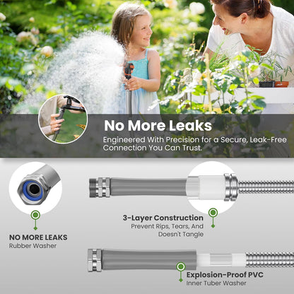 Garden Hose 50ft x 3/4", 304 Stainless Steel Metal Water Hose, No Kink Garden Water Hose with 9 Pattern Spray Nozzle, Flexible, Lightweight, Kink Free Hose for Yard, Outdoor