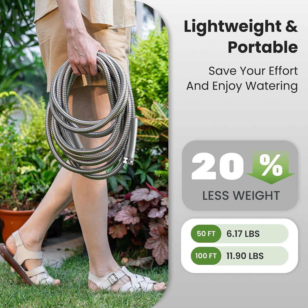 Garden Hose 50ft x 3/4", 304 Stainless Steel Metal Water Hose, No Kink Garden Water Hose with 9 Pattern Spray Nozzle, Flexible, Lightweight, Kink Free Hose for Yard, Outdoor