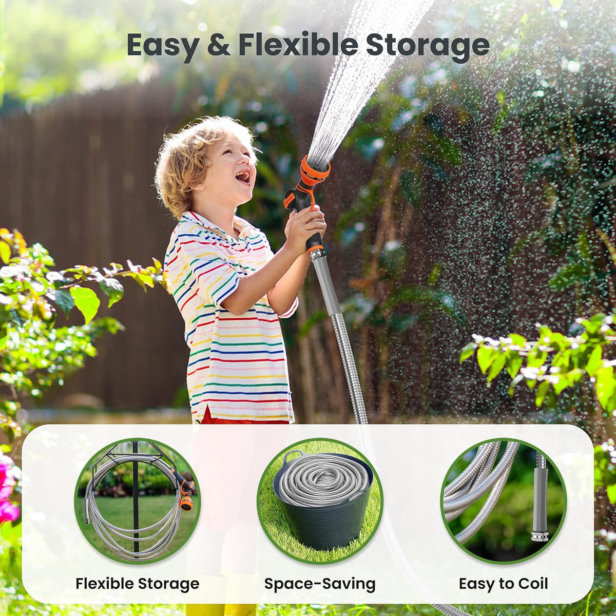 Garden Hose 50ft x 3/4", 304 Stainless Steel Metal Water Hose, No Kink Garden Water Hose with 9 Pattern Spray Nozzle, Flexible, Lightweight, Kink Free Hose for Yard, Outdoor