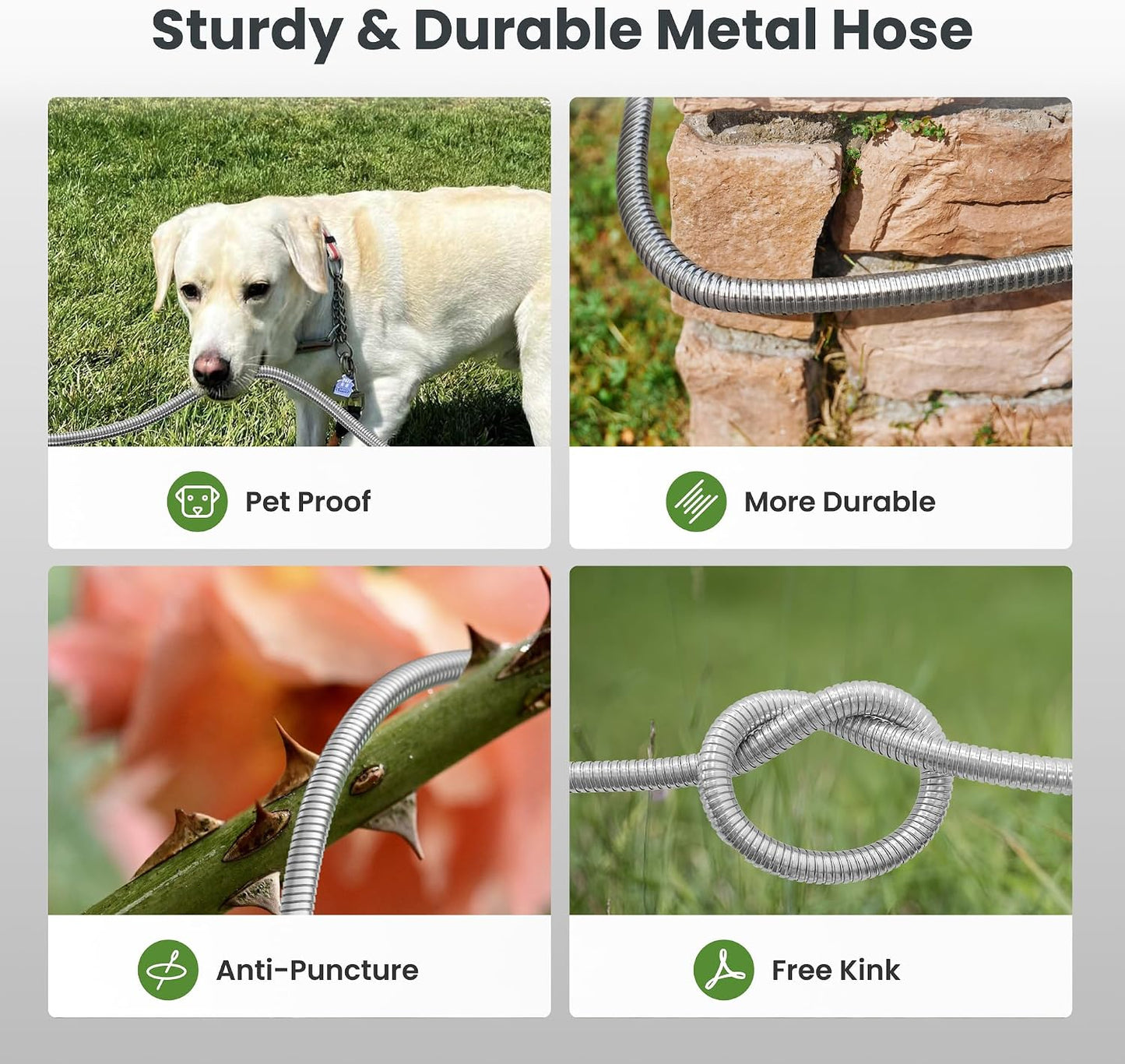Garden Hose 50ft x 3/4", 304 Stainless Steel Metal Water Hose, No Kink Garden Water Hose with 9 Pattern Spray Nozzle, Flexible, Lightweight, Kink Free Hose for Yard, Outdoor