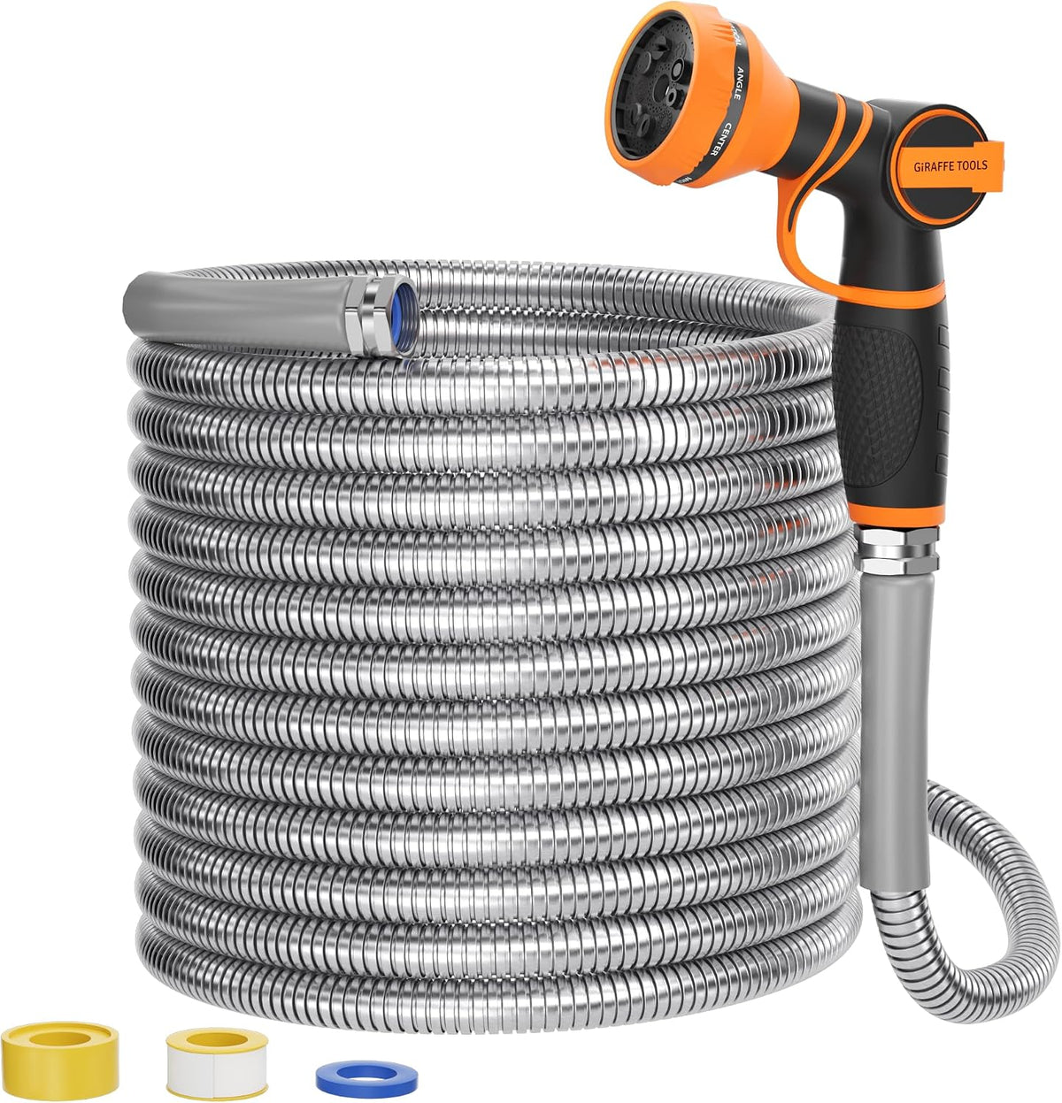 Garden Hose 50ft x 3/4", 304 Stainless Steel Metal Water Hose, No Kink Garden Water Hose with 9 Pattern Spray Nozzle, Flexible, Lightweight, Kink Free Hose for Yard, Outdoor