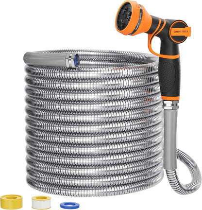 Garden Hose 50ft x 3/4", 304 Stainless Steel Metal Water Hose, No Kink Garden Water Hose with 9 Pattern Spray Nozzle, Flexible, Lightweight, Kink Free Hose for Yard, Outdoor