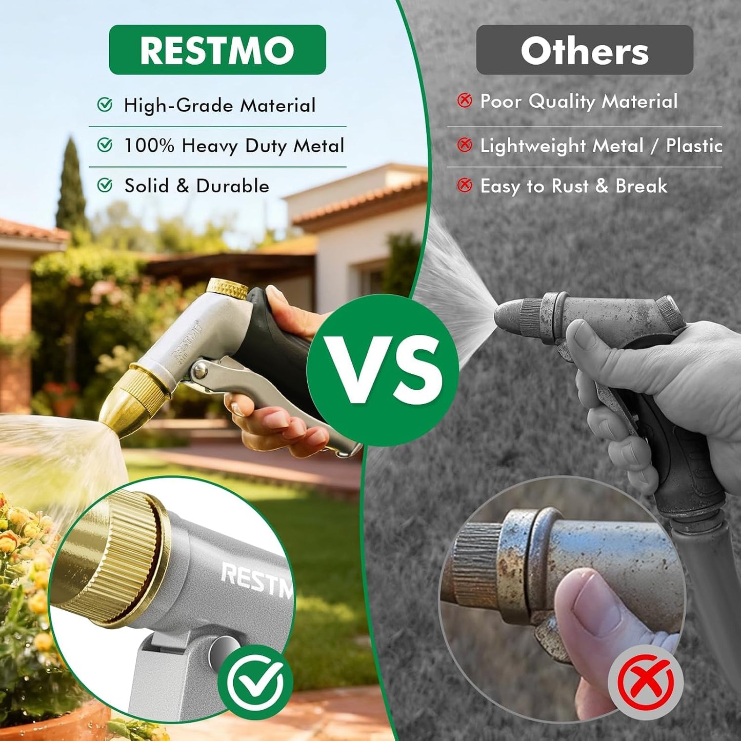 Metal Water Hose Nozzle, High Pressure Garden Sprayer, Green