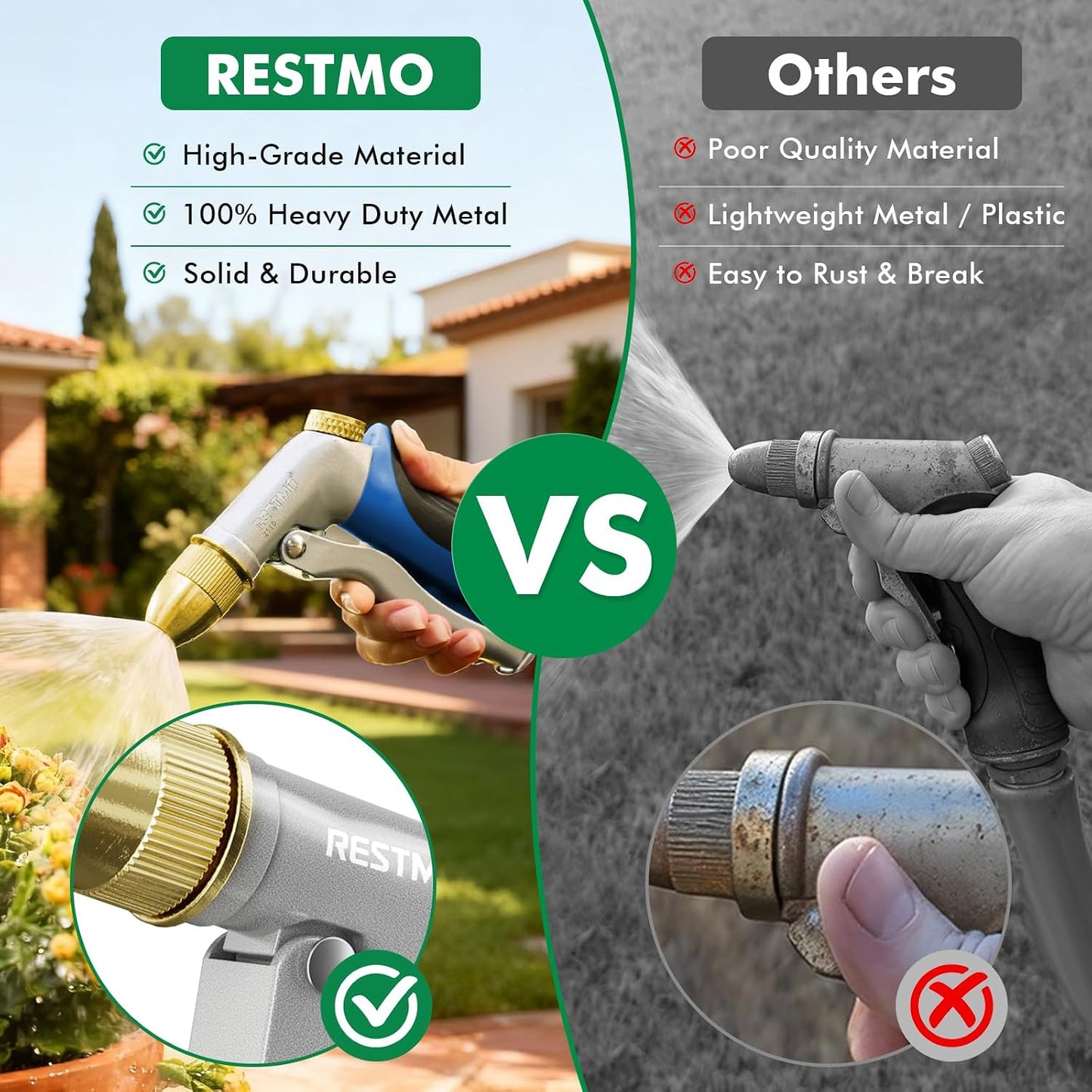 Metal Water Hose Nozzle, High Pressure Garden Sprayer, Green