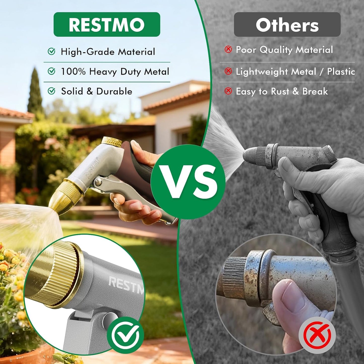 Metal Water Hose Nozzle, High Pressure Garden Sprayer, Green