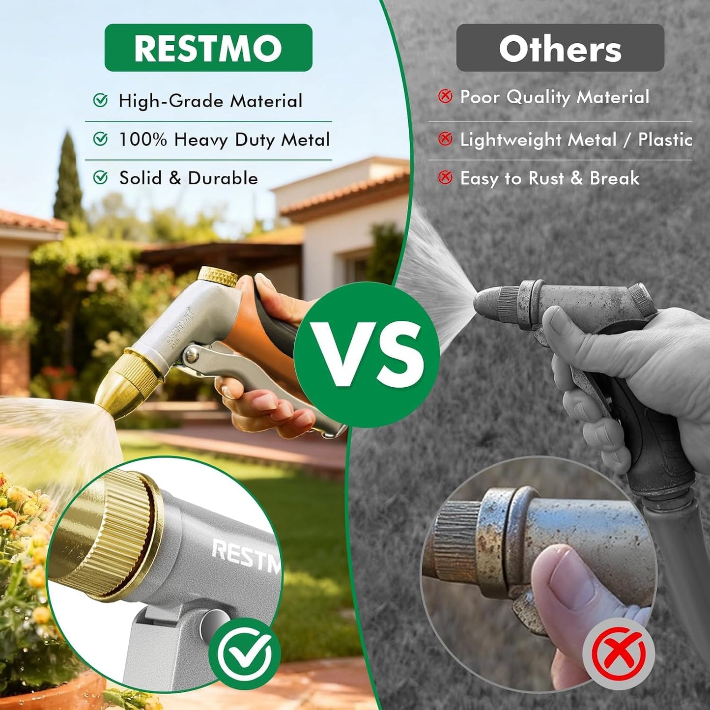 Metal Water Hose Nozzle, High Pressure Garden Sprayer, Green