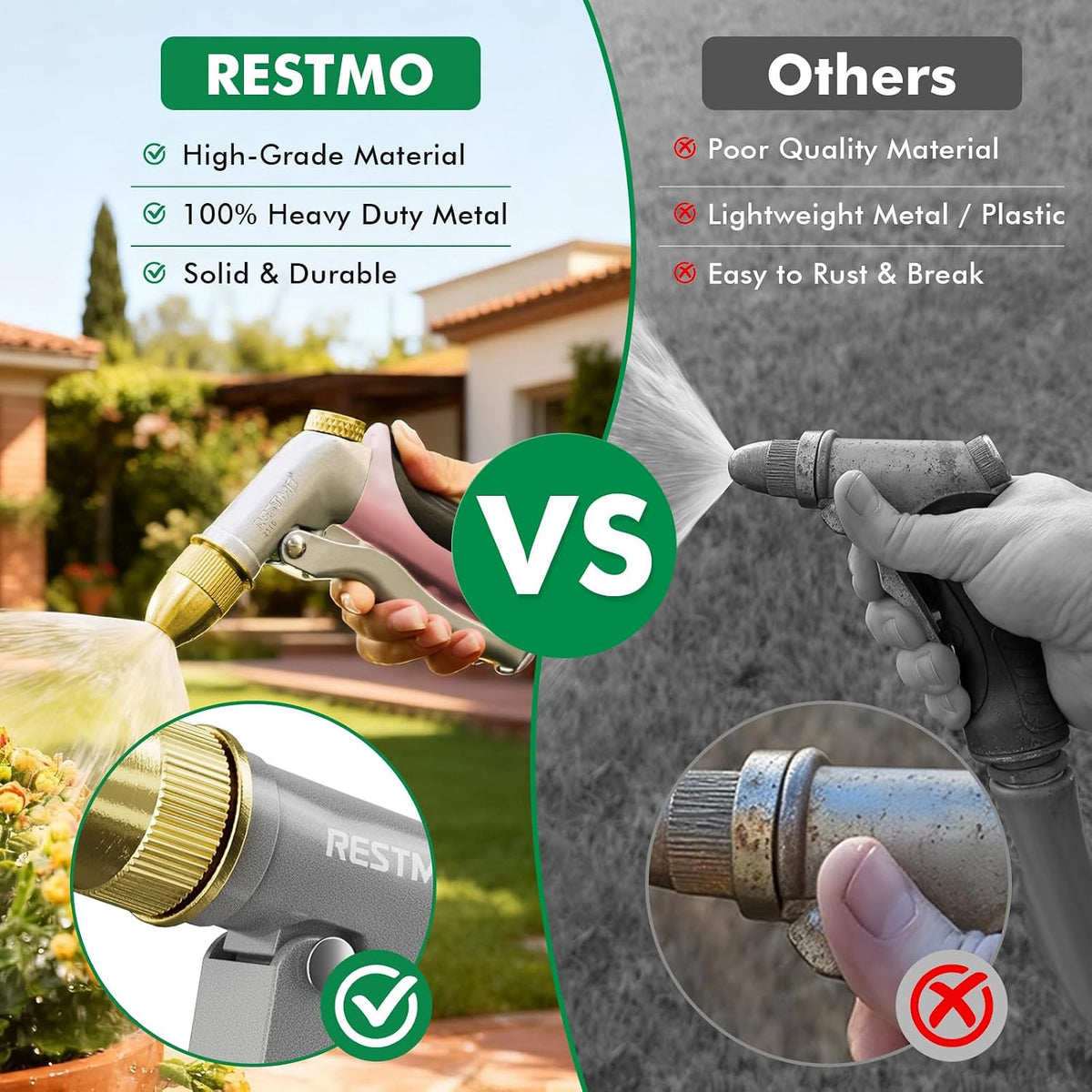 Metal Water Hose Nozzle, High Pressure Garden Sprayer, Green