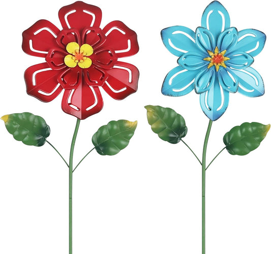 Metal Flower Decorative Garden Stakes, 2 Pack 22" Outdoor Garden Decor with Shaking Flower Head Yard Stakes, Yard Art Spring Decorations for Patio Lawn (Blue & Red)