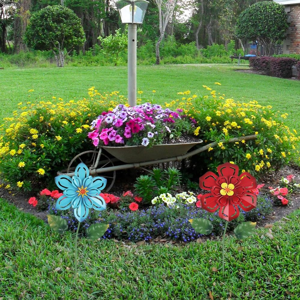 Metal Flower Decorative Garden Stakes, 2 Pack 22" Outdoor Garden Decor with Shaking Flower Head Yard Stakes, Yard Art Spring Decorations for Patio Lawn (Blue & Red)